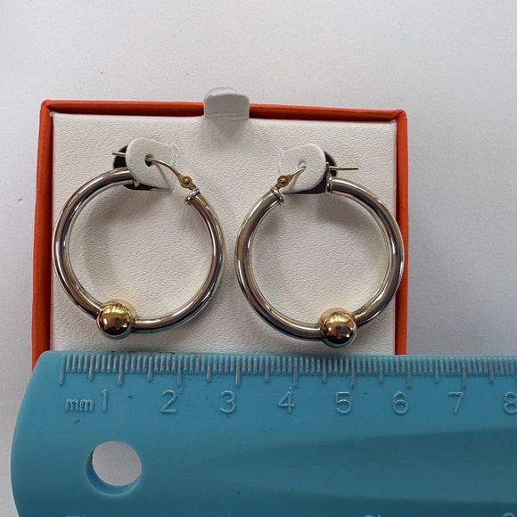 Cape Cod Large sterling silver hoop earrings with 14kt gold ball and posts - Picture 4 of 4